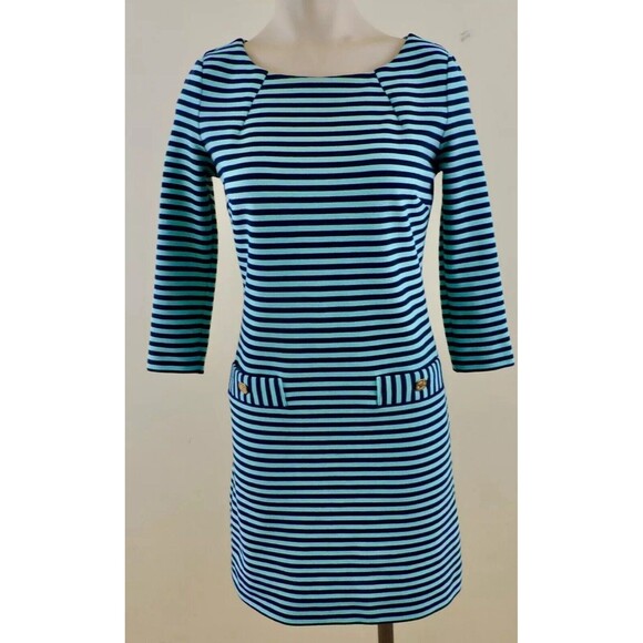 Lilly Pulitzer Dresses & Skirts - Lilly Pulitzer Charlene Navy Aqua Blue Stripes Dress Gold Buttons Sz M Jackie-O